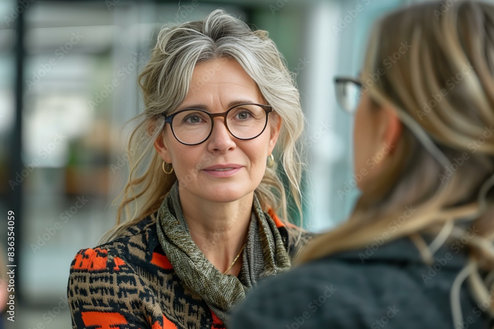Blond woman with glasses talking to another woman in a black jacket Blond woman with glasses talking to another woman in a black jacket