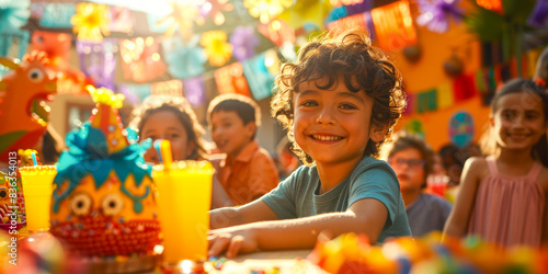 Children's Birthday Party Celebration. A joyful scene of children celebrating a birthday party with colorful decorations, cake, and cheerful expressions.