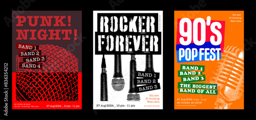 Live Music poster, live performance flyer, grunge rock and pop genre, print and social media, vector design set texture background, set of 3