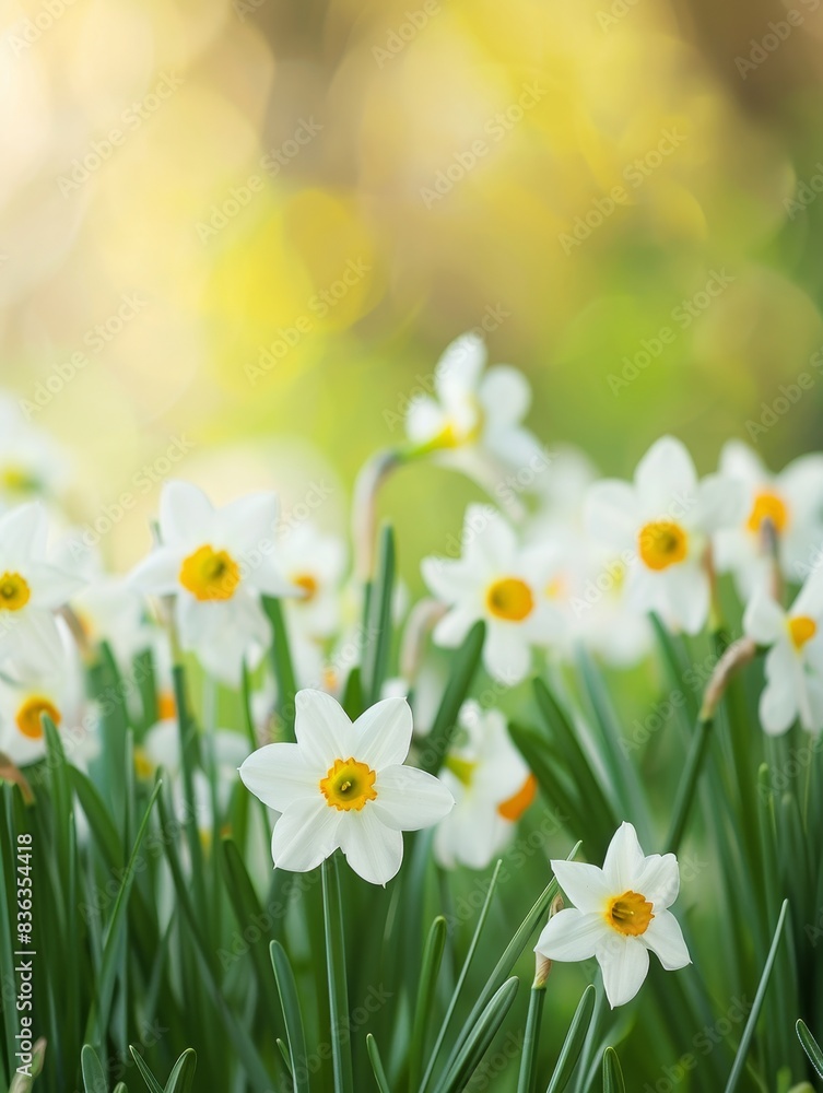 Fototapeta premium Vibrant Spring Blooms in Soft Focus Background with Copyspace - Detailed Macro Shot of Fresh Flowers in Full Bloom