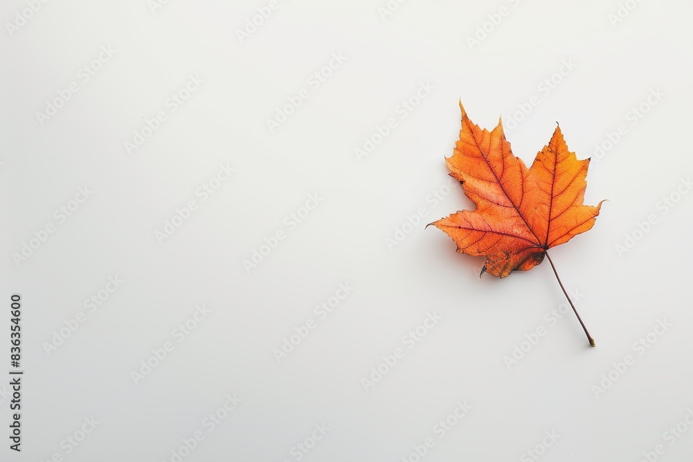 Serene Autumn Elegance: Minimalist Shot of a Single Vibrant Leaf on White Background with Copyspace. Serene Autumn Elegance: Minimalist Shot of a Single Vibrant Leaf on White Background with Copyspace.