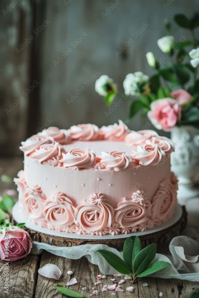 Exquisite Decorated Cake on Rustic Wooden Table with Copyspace for Text. Exquisite Decorated Cake on Rustic Wooden Table with Copyspace for Text.