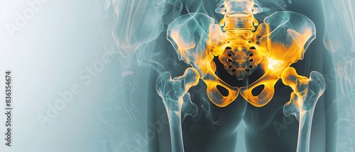 Enhanced hip joint pain shown in yellow on xray, gray backdrop, diagnostic imaging photo