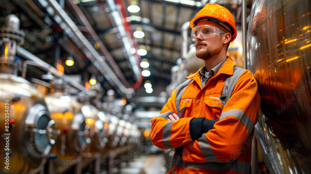 Engineer in Industrial Facility. Portrait of a confident engineer in an orange uniform and helmet, standing in an industrial facility with large machinery and bright lights. Engineer in Industrial Facility. Portrait of a confident engineer in an orange uniform and helmet, standing in an industrial facility with large machinery and bright lights.