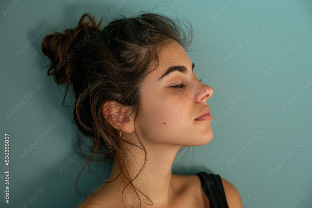 A close up of a woman's face with her eyes closed looking to a side A close up of a woman's face with her eyes closed looking to a side