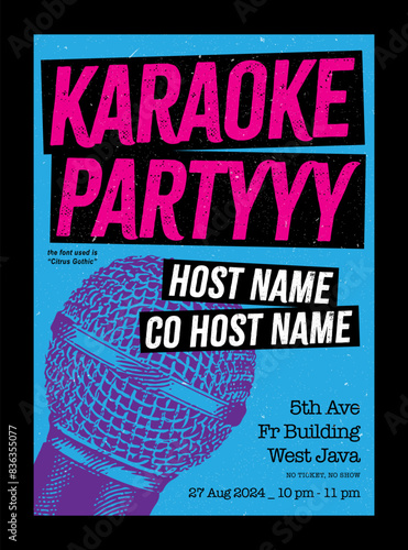 Karaoke party or karaoke night poster design, sing along night, vector format with cool background and paper texture, grunge effect