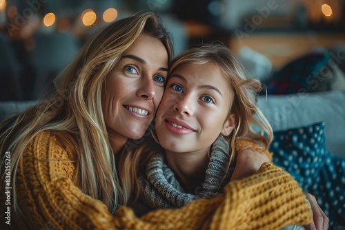 Two women embracing on sofa