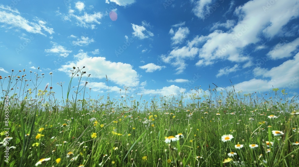 Tranquil Meadow Bliss - Idyllic Scene of Wildflowers and Blue Sky with Copyspace. Tranquil Meadow Bliss - Idyllic Scene of Wildflowers and Blue Sky with Copyspace.
