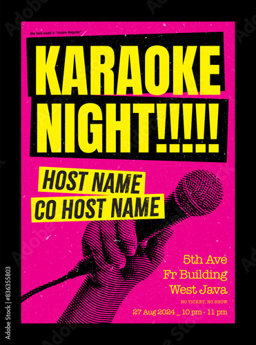 karaoke night poster design, flyer or banner with hand holding microphone illustration, sing party flyer grunge texture colorful, sing night event