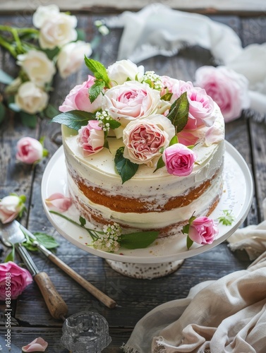 Exquisite Decorated Cake on Rustic Wooden Table with Copy Space.