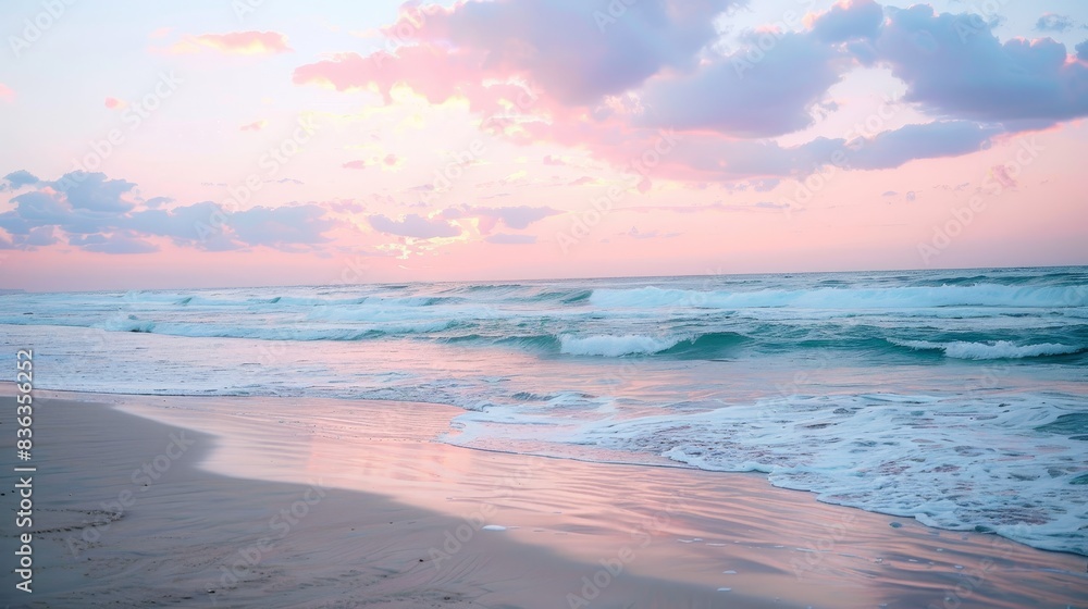 Tranquil Beach Sunset with Pastel Colored Sky and Calm Waves, Serene Seascape with Lots of Copyspace for Text or Graphics Tranquil Beach Sunset with Pastel Colored Sky and Calm Waves, Serene Seascape with Lots of Copyspace for Text or Graphics