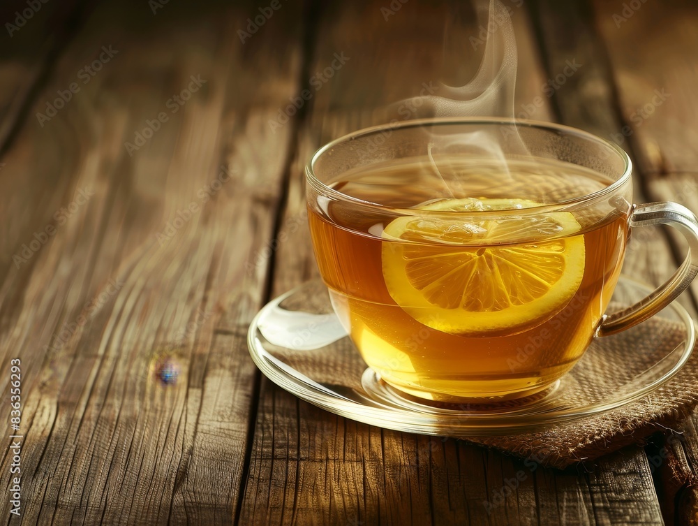 Serene Morning: Close-up of Steaming Cup of Tea with Lemon Slice on Wooden Table. Serene Morning: Close-up of Steaming Cup of Tea with Lemon Slice on Wooden Table.