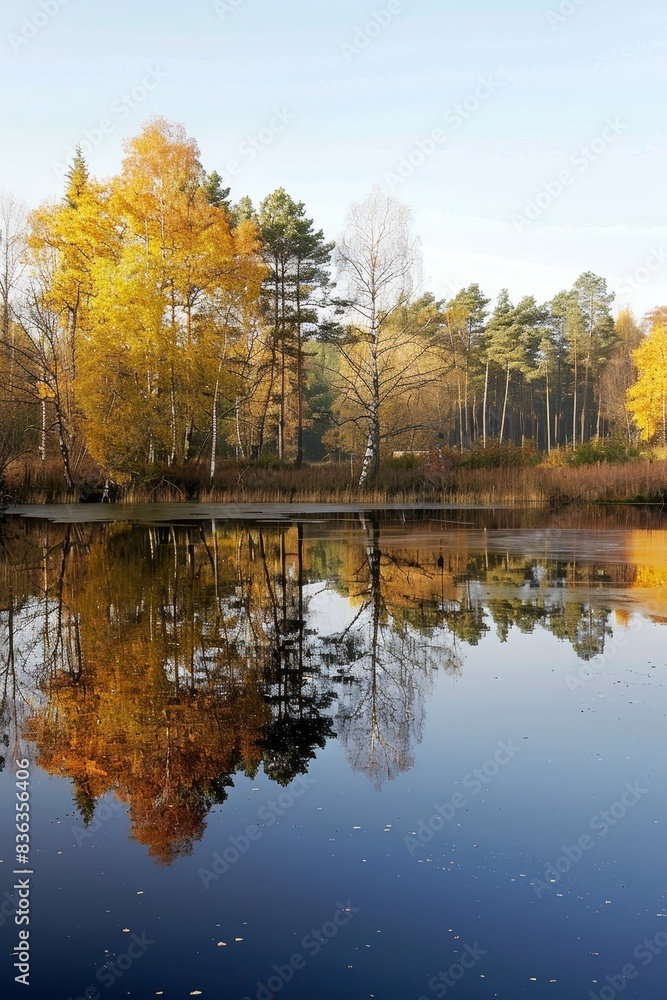 Serene Autumn Reflection: Tranquil Lake Scene with Copyspace for Text, Calm Water reflecting Trees, Peaceful Nature Landscape Serene Autumn Reflection: Tranquil Lake Scene with Copyspace for Text, Calm Water reflecting Trees, Peaceful Nature Landscape