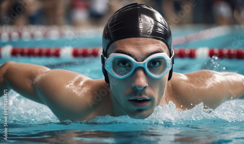 Professional male swimmer wearing goggles and swim cap, ready to dive into the water in a swimming pool during a sports swimming competition
