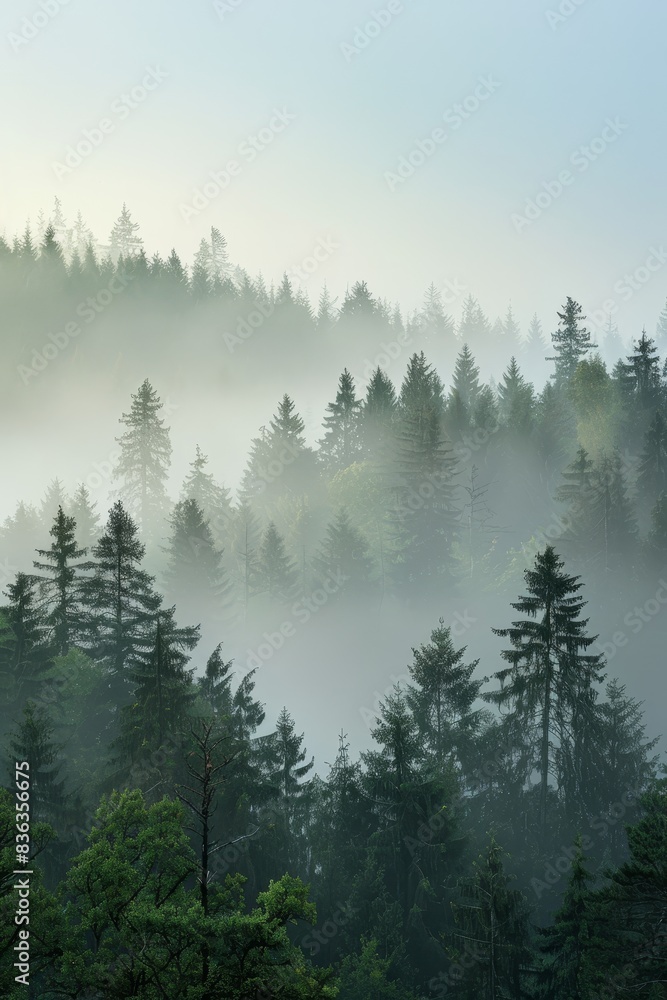 Serene Misty Forest Morning with Copyspace, Tranquil Nature Landscape with Foggy Trees in Early Dawn Light