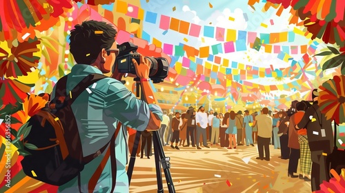 A journalist covers the grand opening of a cultural festival, filled with vibrant decor and eager attendees. photo