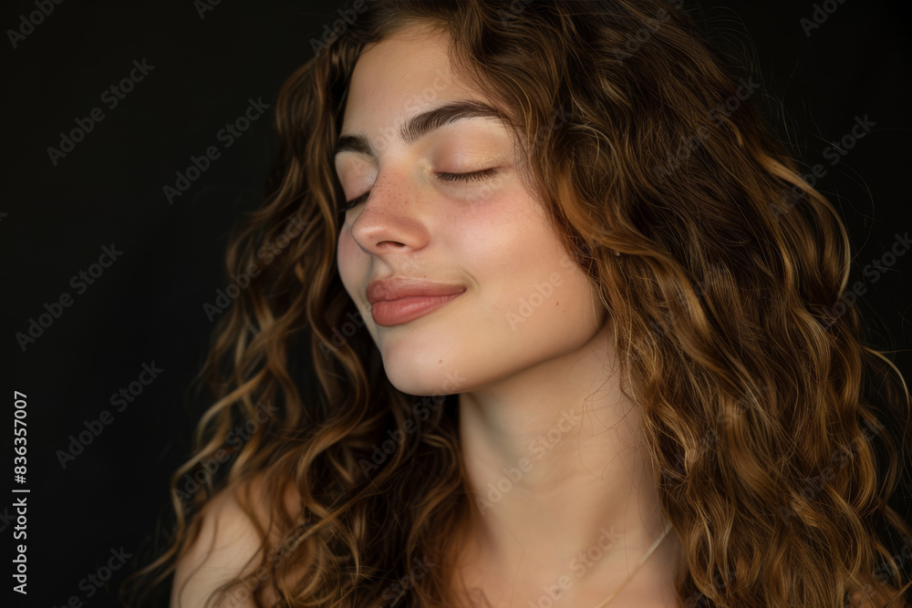 A close up of a woman's face with her eyes closed looking to a side A close up of a woman's face with her eyes closed looking to a side
