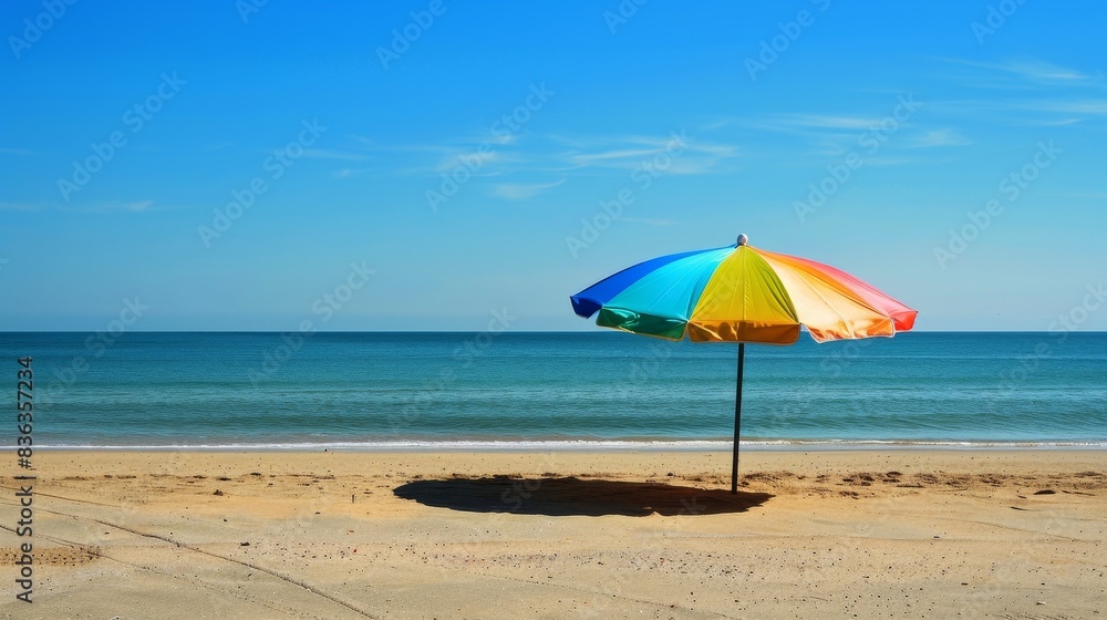 Relaxing Vacation Scene with Colorful Beach Umbrella, Clear Blue Sky, and Calm Waves on Sandy Beach with Copyspace