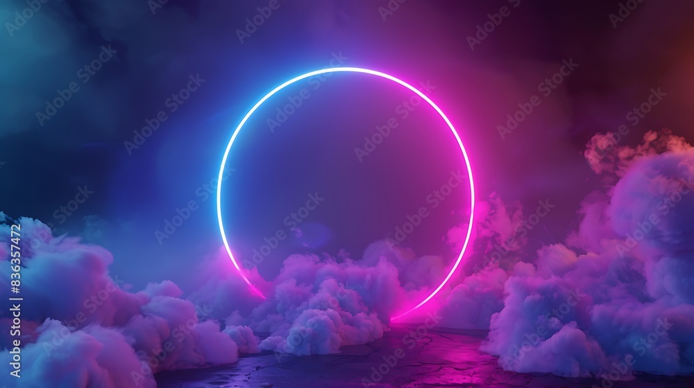 Abstract Cloud Illuminated by Neon Light Ring in Dark Night Sky 3D Render. Glowing Geometric Shape, Round Frame Abstract Cloud Illuminated by Neon Light Ring in Dark Night Sky 3D Render. Glowing Geometric Shape, Round Frame