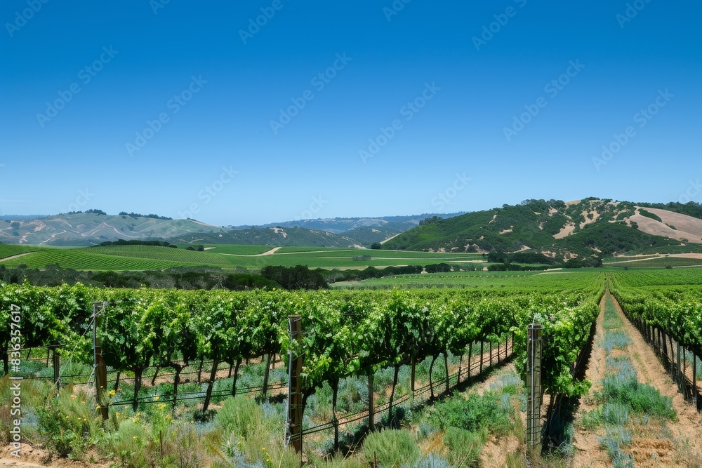 Naklejka premium Tranquil Summer Vineyard Landscape with Rows of Grapevines Under Clear Blue Sky - Agricultural Background with Copy Space