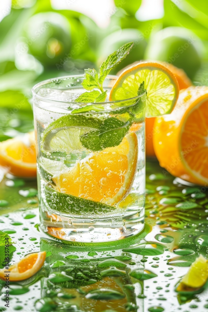 Citrus Mint Refreshment - Summer Cocktail in Glass with Condensation, Copy Space Citrus Mint Refreshment - Summer Cocktail in Glass with Condensation, Copy Space