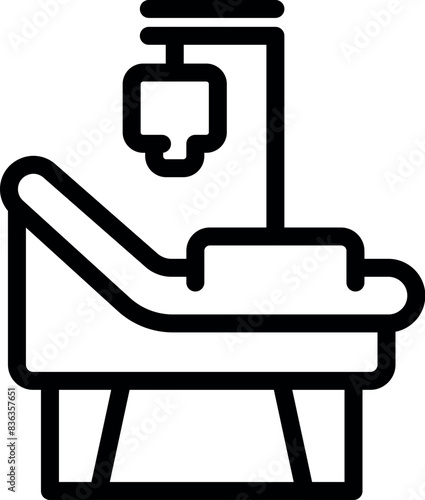 Black line icon depicting an iv drip stand next to a hospital bed, symbolizing healthcare