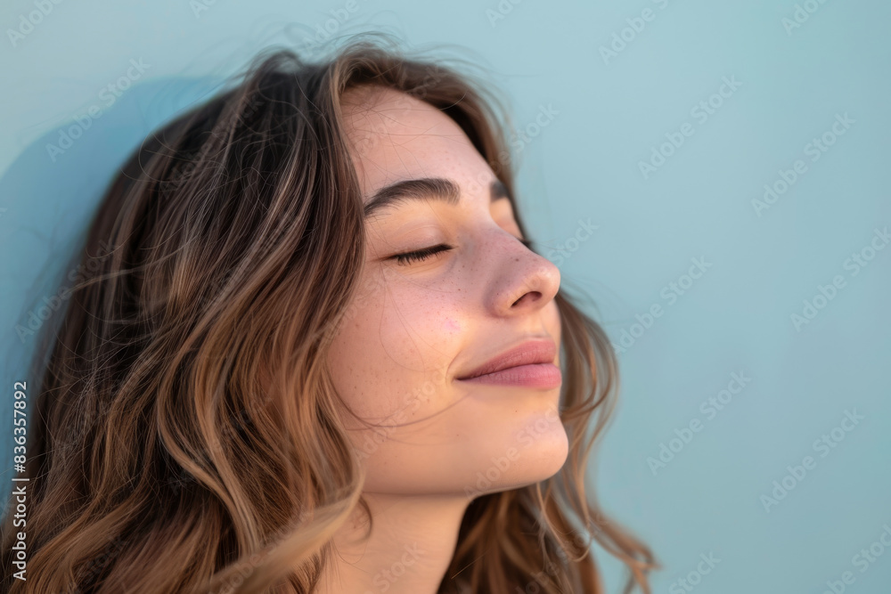 A close up of a woman's face with her eyes closed looking to a side A close up of a woman's face with her eyes closed looking to a side