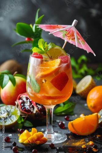 Tropical Summer Mocktail in Stylish Glass with Decorative Umbrella, Copy Space Available