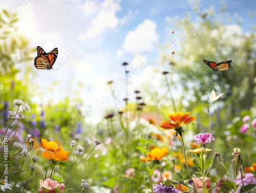 Serene Summer Garden with Fluttering Butterflies and Blooming Flowers, Copyspace for Text, Tranquil Outdoor Scene