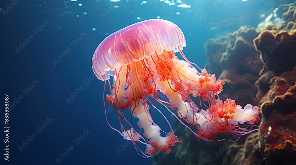 Fototapeta premium Glowing jellyfish swim deep in blue sea. Medusa neon jellyfish fantasy. a Jellyfish colorful fantasy neon on a Caribbean sea,Neon colorful look like a fairy tale. Underwater a beautiful colorful sea a