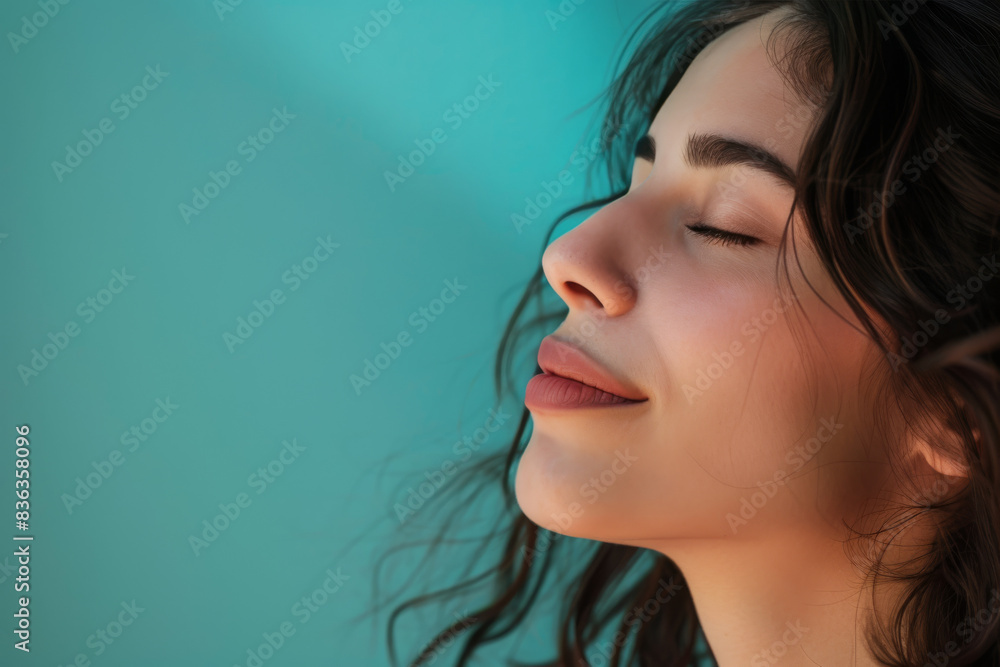 A close up of a woman's face with her eyes closed looking to a side A close up of a woman's face with her eyes closed looking to a side