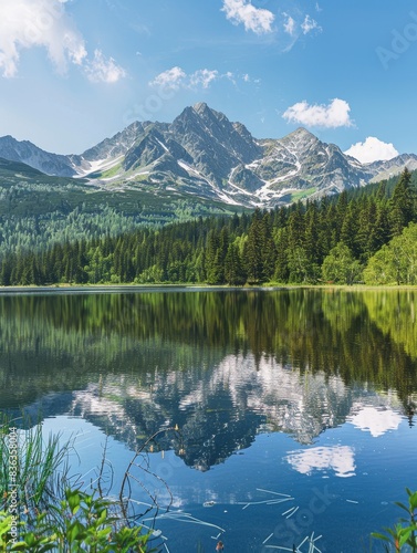 Serene Mountain Lake with Reflective Peaks and Trees - Tranquil Nature Landscape with Copyspace