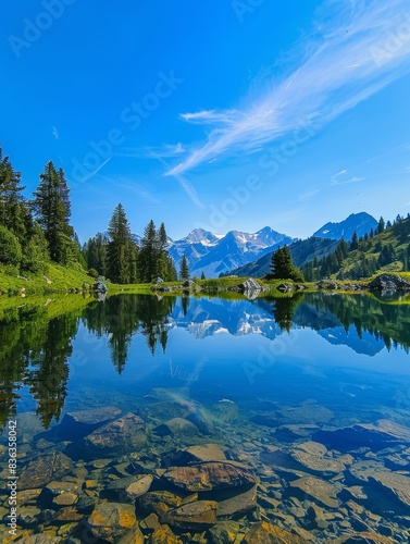 Serene Mountain Lake with Clear Reflections of Peaks and Trees  Nature Landscape with Copyspace in Sky and Water