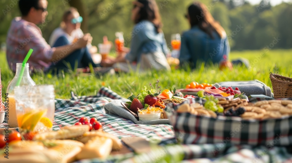 Happy Friends Enjoying Picnic at the Park with Variety of Snacks and Drinks on Blanket, Copyspace Available in Sky. Happy Friends Enjoying Picnic at the Park with Variety of Snacks and Drinks on Blanket, Copyspace Available in Sky.