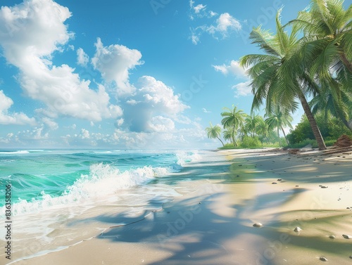 Tropical Beach Scene With Palm Trees and Clear Blue Water