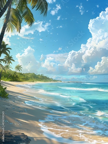 Tropical Beach Scene With Palm Trees and Clear Water on a Sunny Day