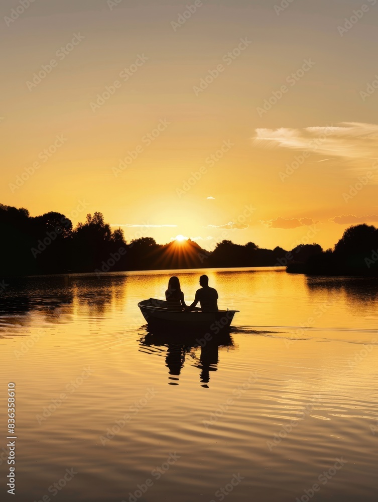 Serene Sunset Romance: Couple Enjoying a Romantic Boat Ride on Calm River with Copyspace. Serene Sunset Romance: Couple Enjoying a Romantic Boat Ride on Calm River with Copyspace.