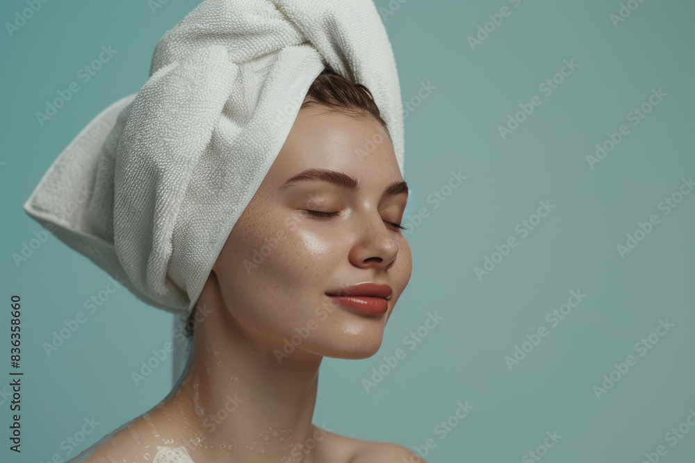 A close up of a woman after having a shower with her eyes closed looking to a side A close up of a woman after having a shower with her eyes closed looking to a side