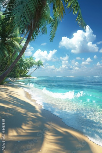 Tranquil Tropical Beach With Palm Trees and Crystal Clear Water on a Sunny Day