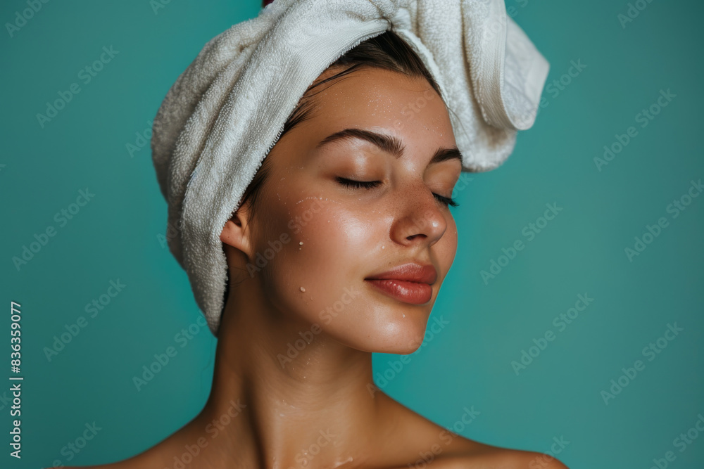A close up of a woman after having a shower with her eyes closed looking to a side A close up of a woman after having a shower with her eyes closed looking to a side