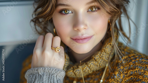 Close up of young woman wearing a gold ring touching her gold necklace.
