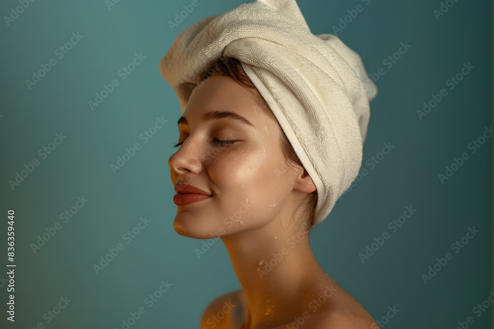 A close up of a woman after having a shower with her eyes closed looking to a side A close up of a woman after having a shower with her eyes closed looking to a side