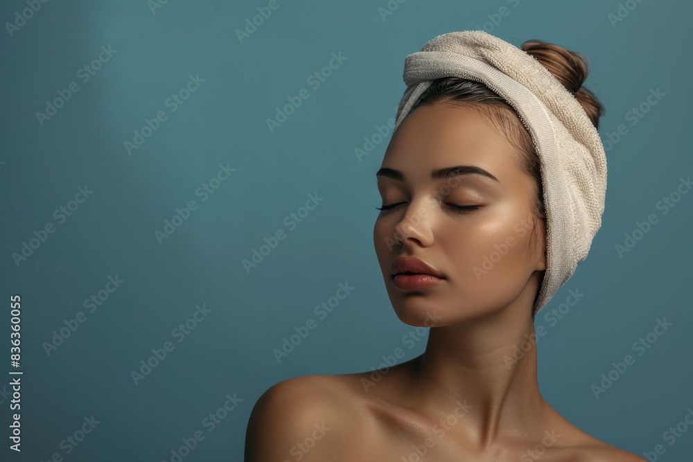 A close up of a woman after having a shower with her eyes closed looking to a side A close up of a woman after having a shower with her eyes closed looking to a side