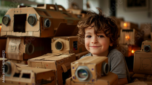 A child builds a magnificent spaceship out of cardboard boxes, their eyes shining with creativity and a triumphant smile.