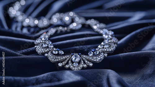 Focus on center of beautiful vintage rhinestone diamond necklace draped on navy velour fabric for background.