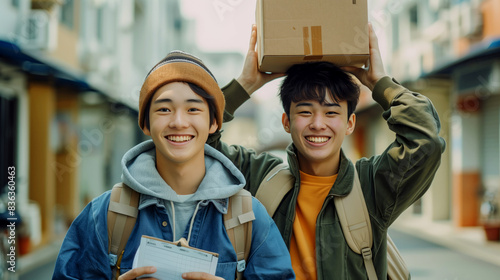 A close-up portrait of two cheerful Asian brothers, one holding a packing list and the other balancing a small box on his head, both with bright smiles.