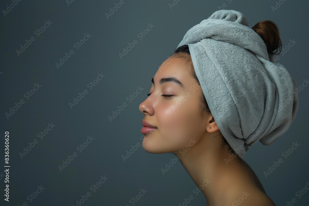 A close up of a woman after having a shower with her eyes closed looking to a side A close up of a woman after having a shower with her eyes closed looking to a side