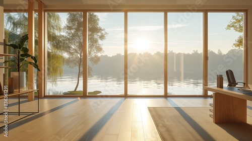 A minimalist home office with large sunlit windows overlooks a serene lake  boosting productivity and tranquility.