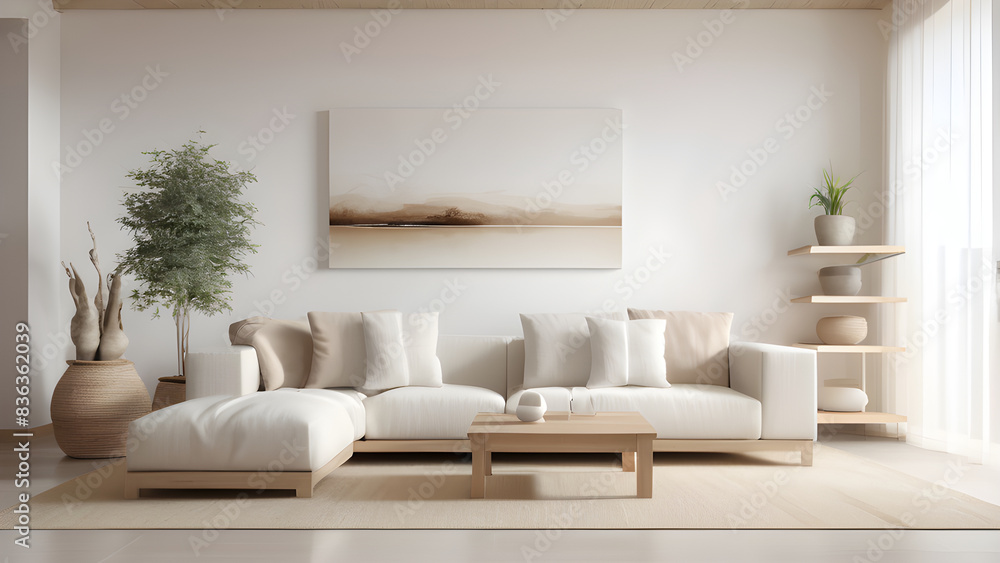 Cozy minimalist living room with clean lines, a neutral color palette, plush seating, decorative plants, and elegant wall art Cozy minimalist living room with clean lines, a neutral color palette, plush seating, decorative plants, and elegant wall art