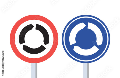 Roundabout Traffic Sign. Red and Blue Circle Roundabout Circulation Road Sign Vector Illustration. photo